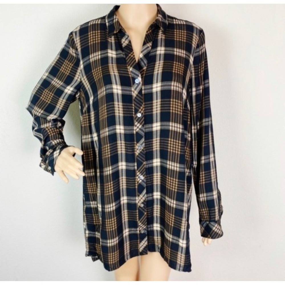 J. Jill Womens XS Plaid Button Down Tunic Shirt Long Sleeve Black Brown Ivory
